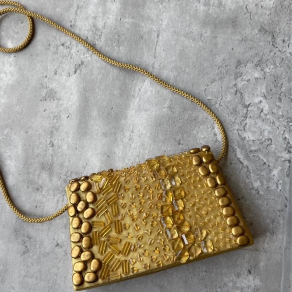 Bijoux Terner Gold Beaded Clutch Crossbody Bag Evening Party Glamour Studded